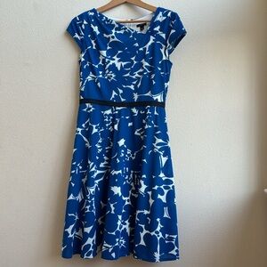 Ann Taylor Blue & White Floral Dress, Asymmetric Neckline, Size 4